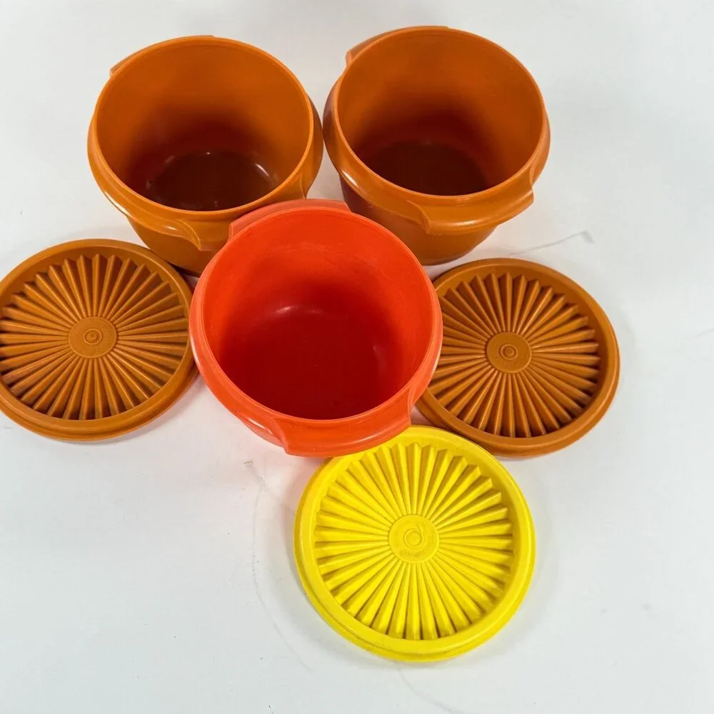 Vintage 3 Tupperware Servalier Bowls w/ Sunburst Lids Brown Yellow Orange 1970s